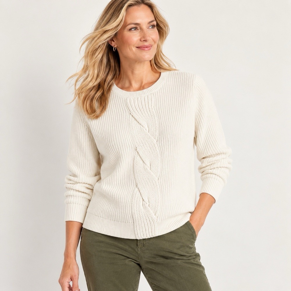 Talbots Womens Large Ivory Cable Knit Sweater 100% Cotton Crewneck Pullover EUC